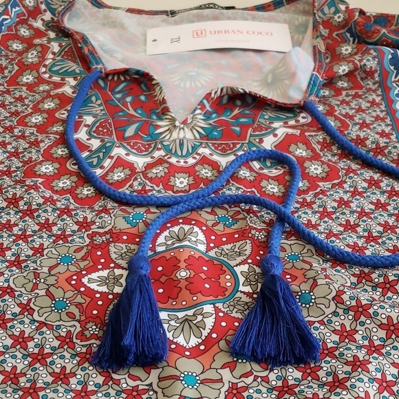 Urban Coco Bohemian Split V- Neck Tassle Tie Side Slit Swimsuit Cover-up Size XL - Picture 7 of 13